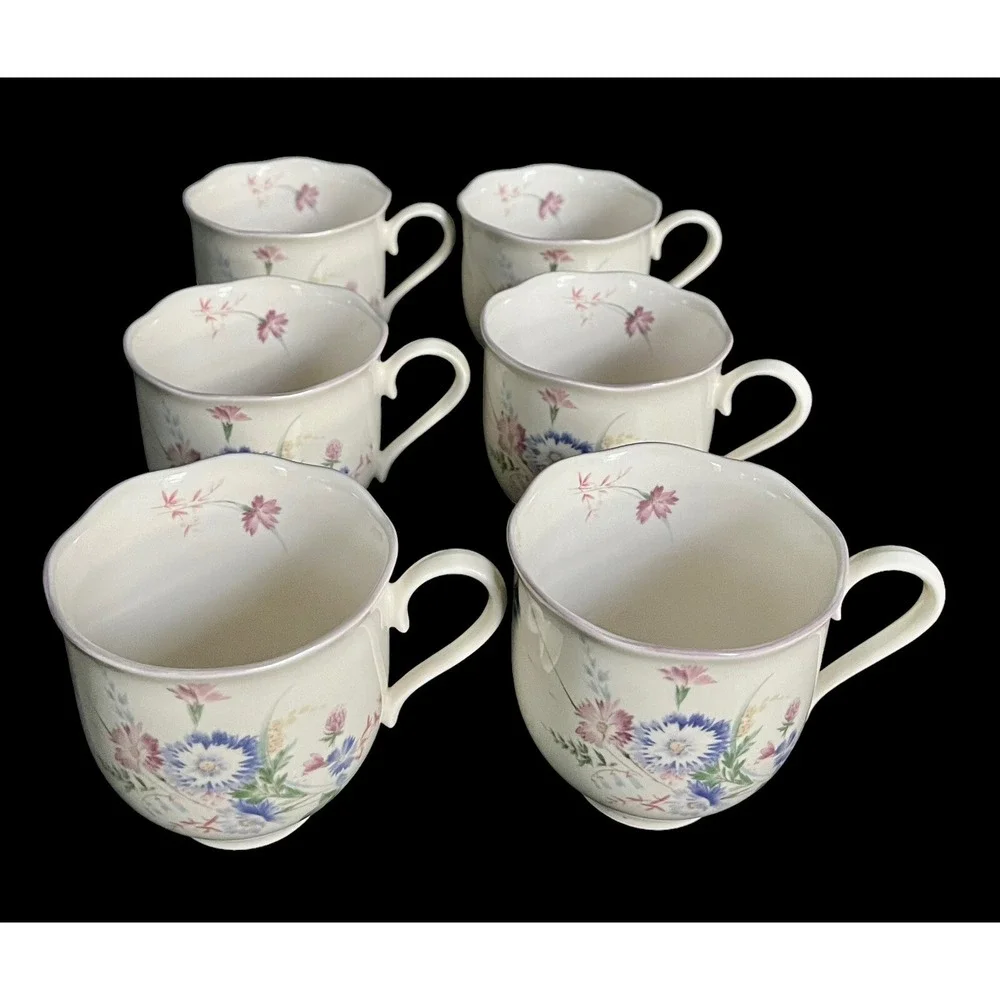Set Of 6 Mikasa Rondo Stephanie Flat Cups EJ 952 Cream Colored with Wildflowers‎